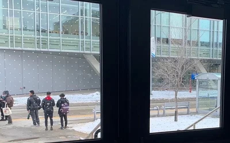 Looking through the bird-safe security glass in Winnipeg, you see people strolling along a snowy pathway. Beyond, a glass building and bare trees stand against the wintry sky, while a bus shelter nestles amid the snow-covered ground.