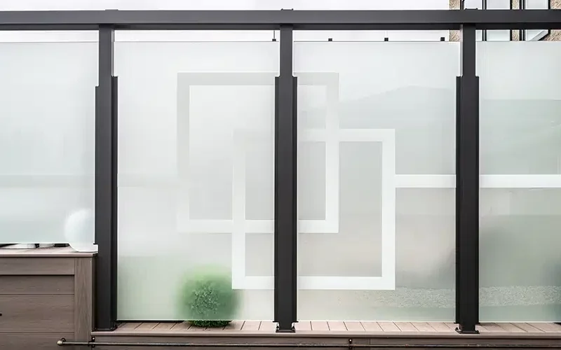 Frosted security glass panels with geometric square patterns, supported by black metal frames, create a contemporary privacy screen on a wooden deck. A small potted plant is positioned near the base of this stylish structure in Winnipeg.